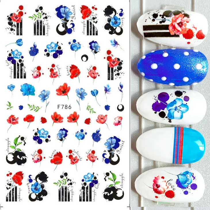 3D Nail Art Stickers Decals Autumn Poppy Day Flowers Floral Fern Leaf F786 NS41