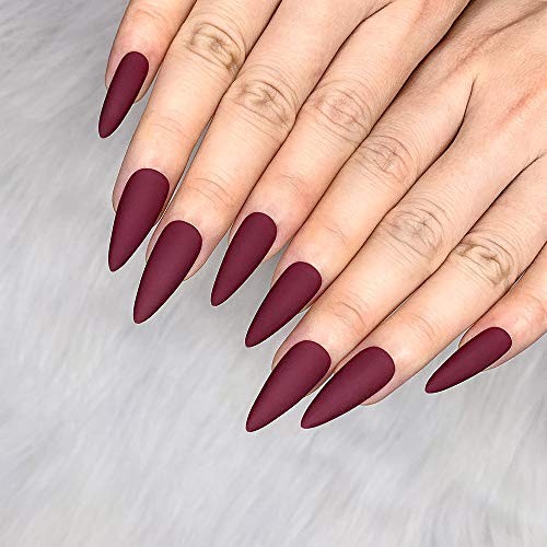 24pcs Fake Nails Matte Pure Color Medium Long Stiletto Almond Press Wine Red