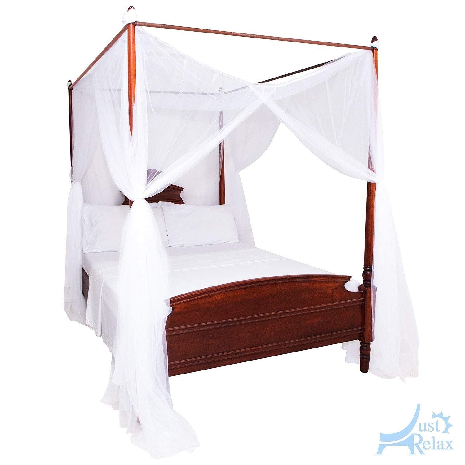 Just Relax Four Corner Post Decorative Elegant Bed Net Canopy Set, White, Ful…
