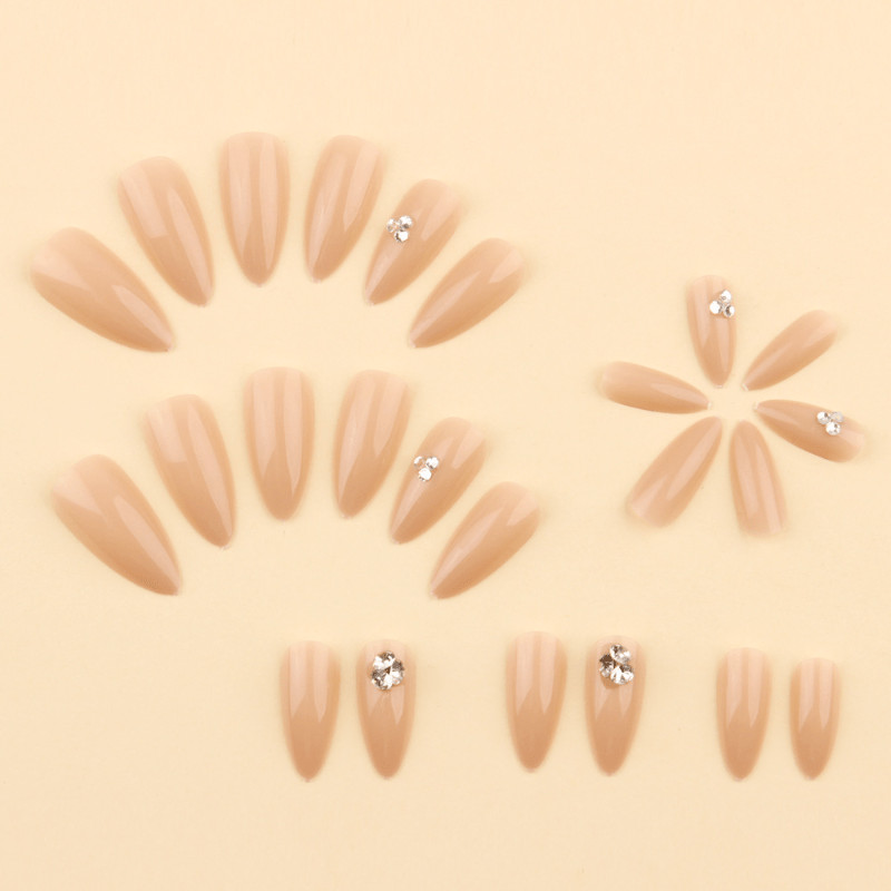 48pcs Short Almond Press on Nails, Nude Clear Single Rhinestone Elegant Nails