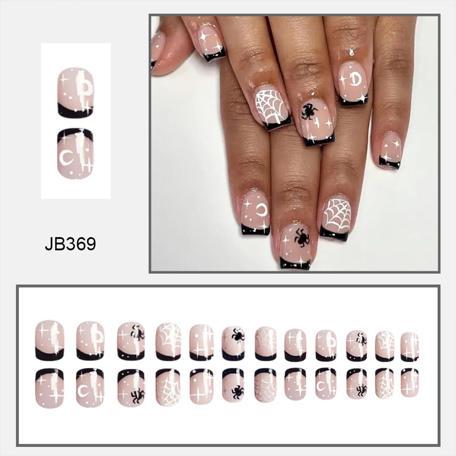 Short Square Halloween Press on Nails Black French Tip Fake Nails Glossy Spid…