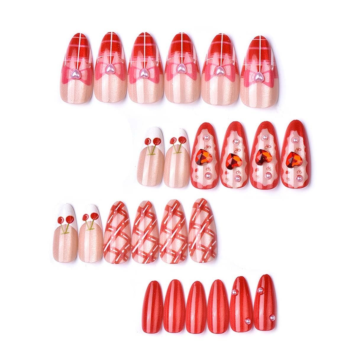 24Pcs Valentines French Tip Press on Nails Medium Almond Bow Cherry Heart Fak…