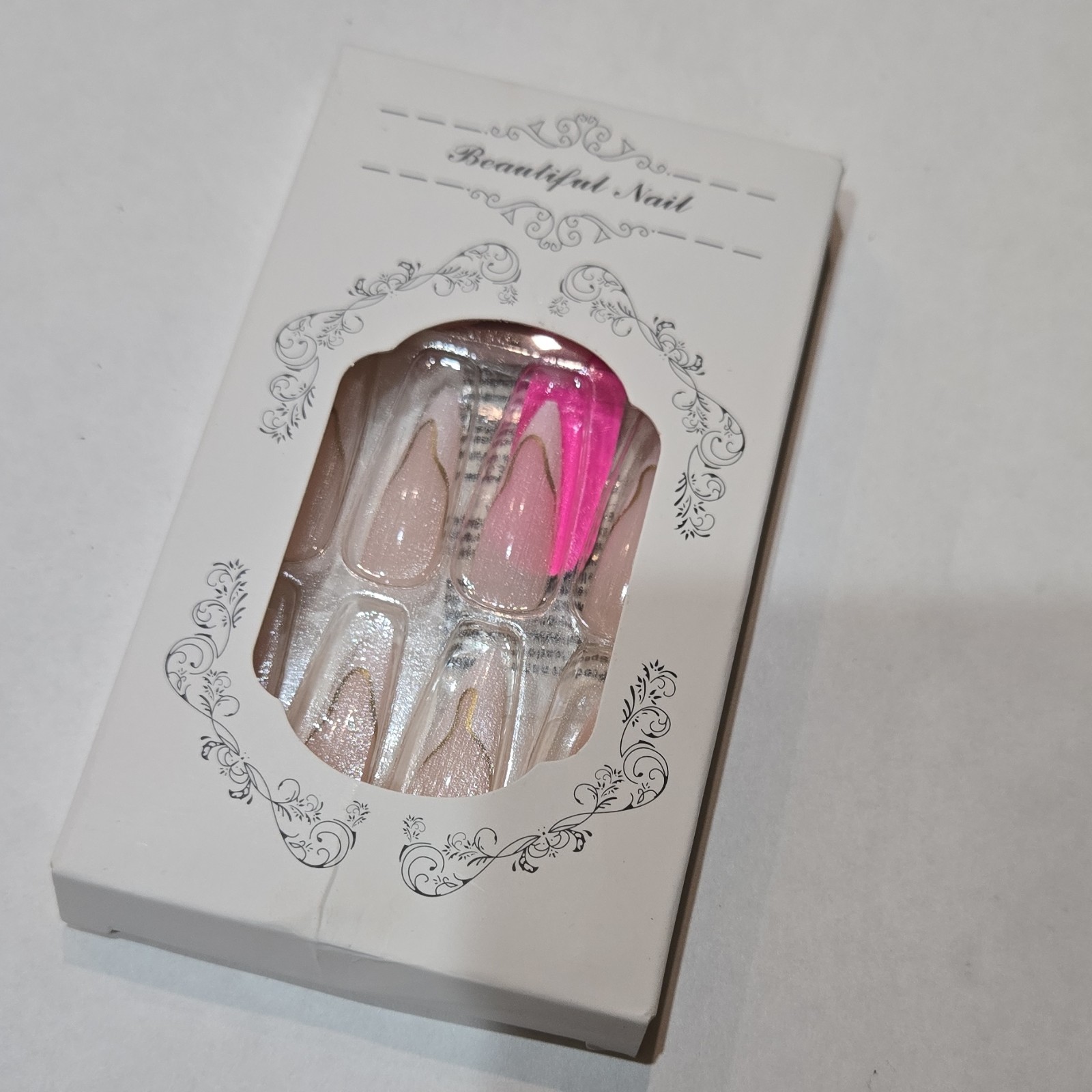 Beautiful Nail Almond Shiny Artificial Nails Full Cover Set Pink Nude Gold Clear