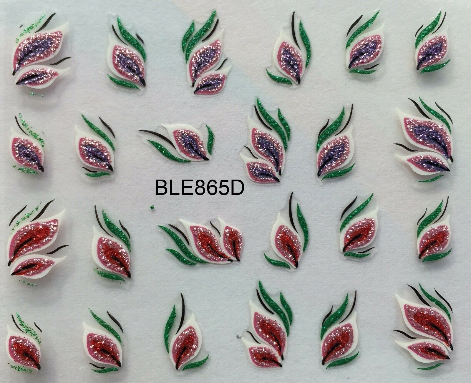 Nail Art 3D Glitter Decal Stickers Pink Purple Green Flowers BLE865D