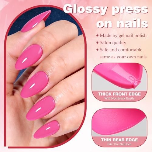 160Pcs Press on Nails Short Almond – Hot Pink Nails Press ons with 5 Pieces Jell