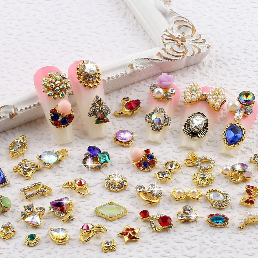 50Pcs 3D Gold Nail Charms for Acrylic Nails Mix Styles Rhinestones for Nails Met