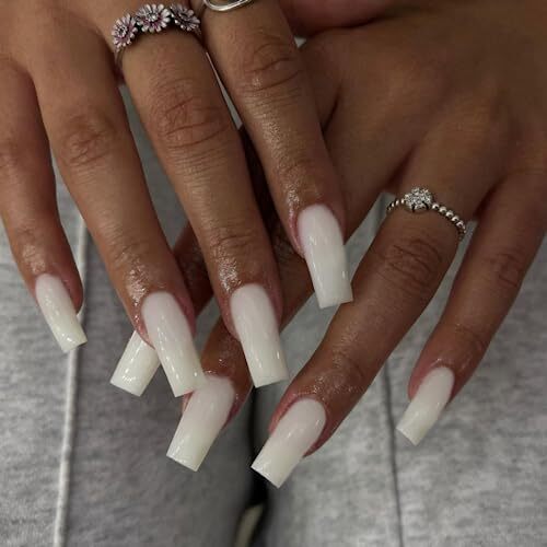 Frosting White Press on Nails Medium Long Square, Solid Color Ivory,White
