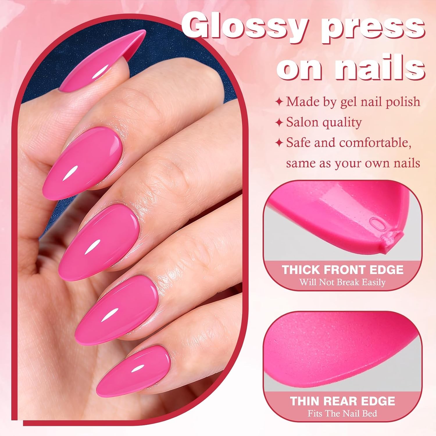 160Pcs Press on Nails Short Almond – Hot Pink Nails Press ons with 5 Pieces Jell