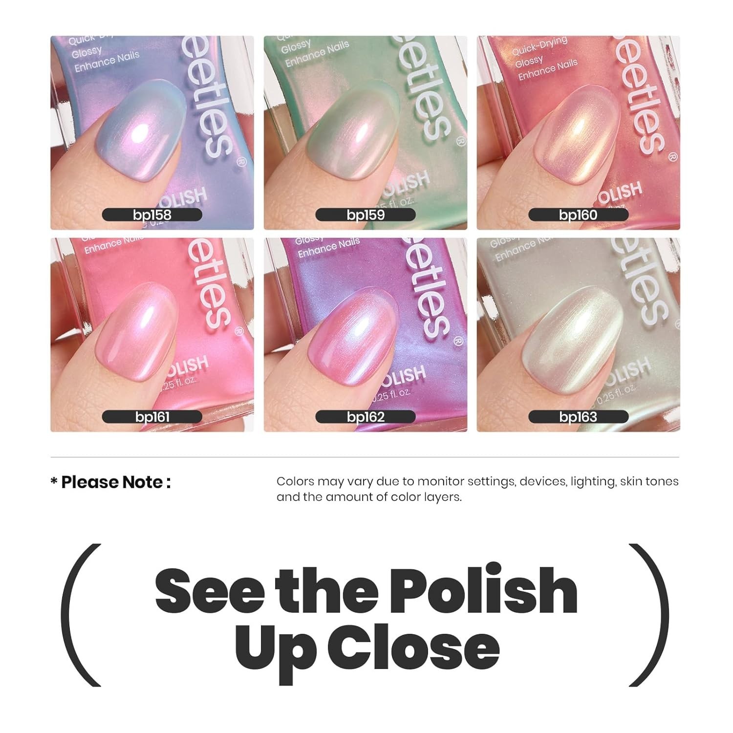 Beetles Pearl Nail Polish Set 6 Colors Shimmer Pink Purple Quick Dry Mermaid