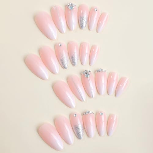 Silver Glitter Press on Nails French Tip Fake Nails Medium Almond False Nails