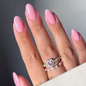 Pink Solid Color Press On Nails Short Almond Fake Nails for Women Manicure