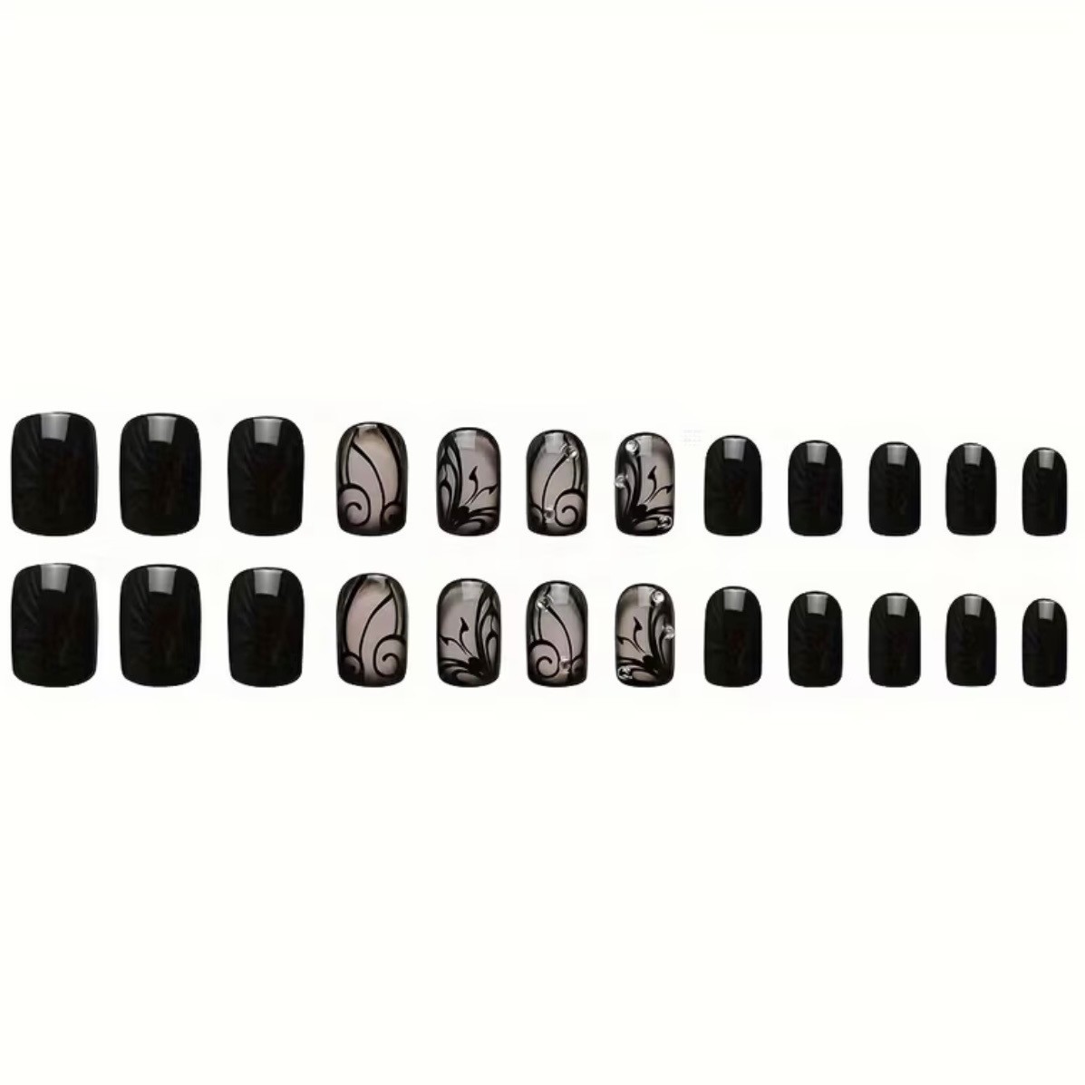 24 pcs Black Swirls on Nude w Rhinestones Medium Length Square Press on Nails