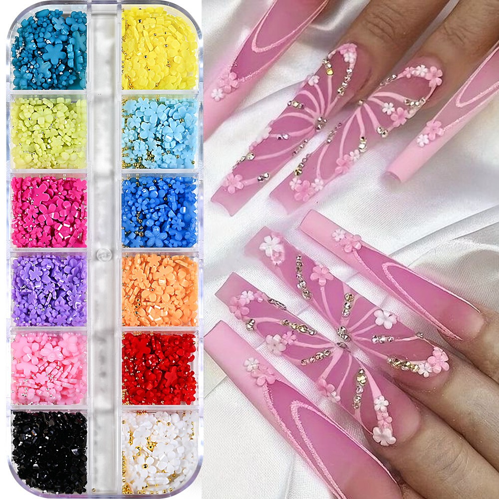 12/15Grids Acrylic Flower Nail Charms Mix Colors Set 3D Flower Nail Art Rhinesto