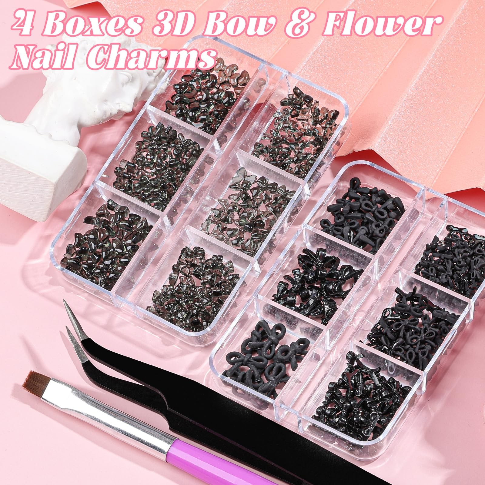 2 Boxes 3D Bow Nail Charms, Black Mini Bow Charms Transparent/Solid Resin Bow…