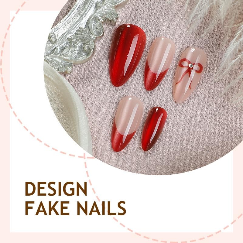 Red Cat Eye Press on Nails Medium Almond Fake Nails Wine Red Bow Style 22