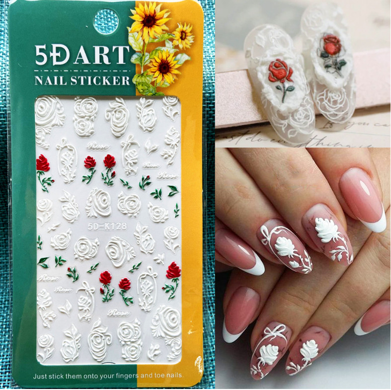 Valentine White 5D Embossed Love Rose Flower Toe Nail Art Stickers Manicure NS17