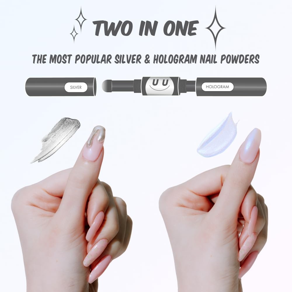 UUUUU. Gel Nail Powder Stick with 0.35 Fl Oz (Pack of 1), Silver, Hologram