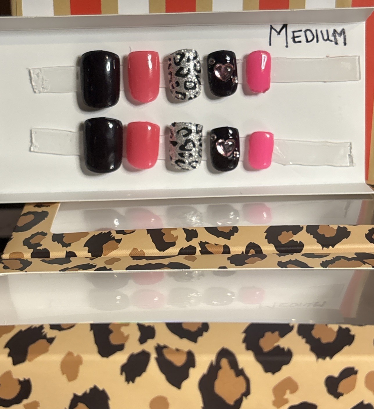 Press On Nails Short Square-Nails Black/Pink/AnimalPrint SzMed Super Cute!