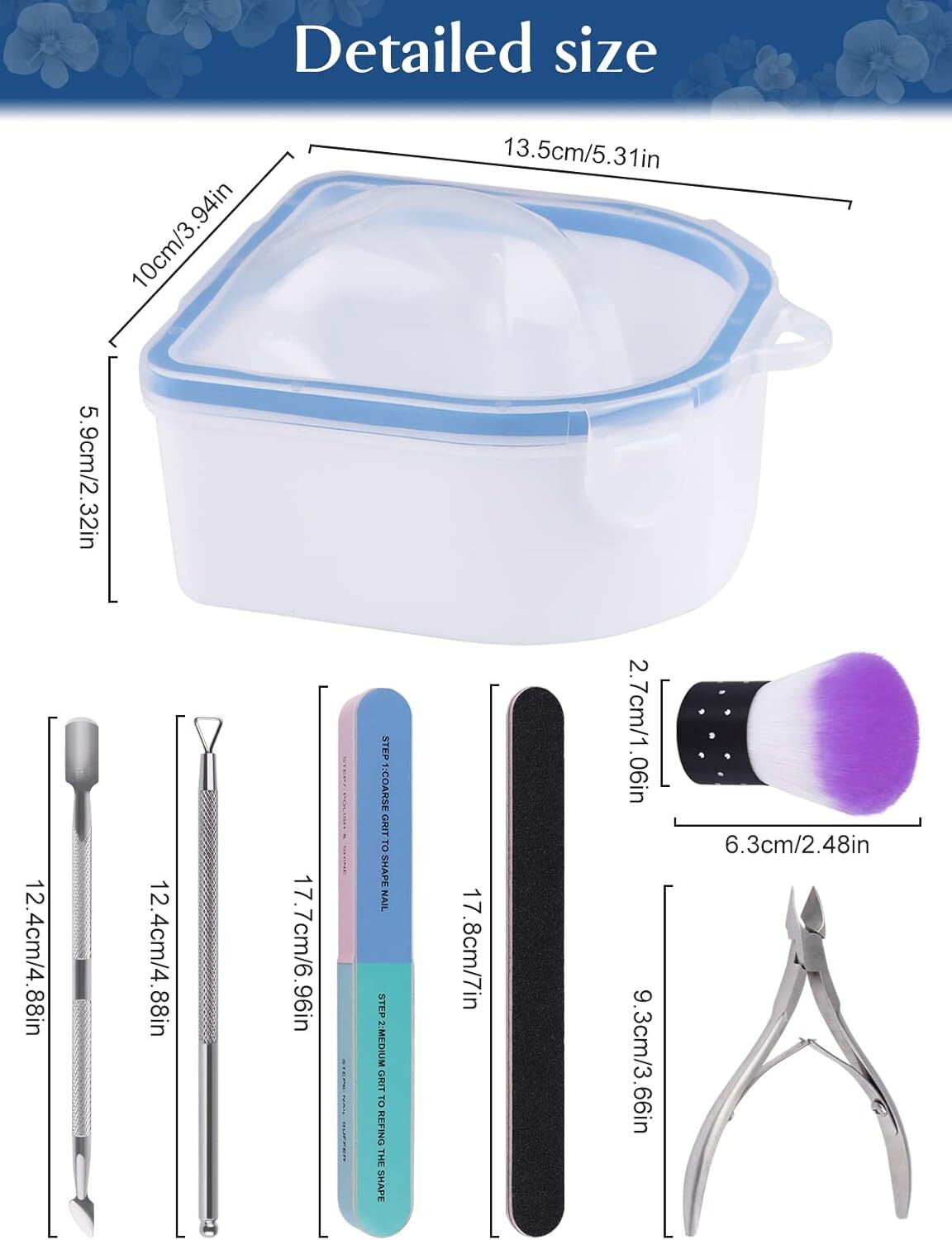 8PCS Nail Soaking Bowls Set, Manicure Spa Kit with Cuticle Tools, Blue