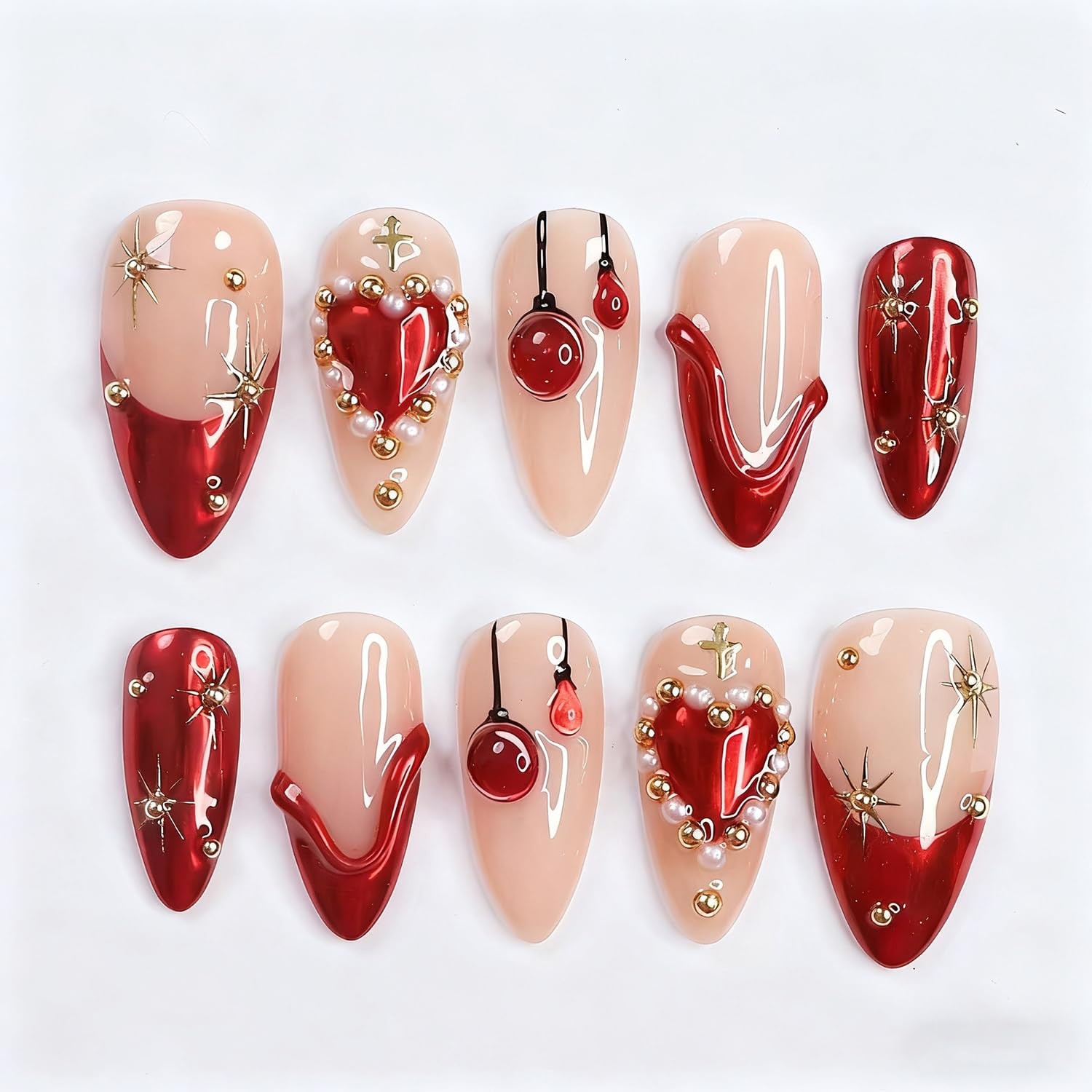 Valentines Press on Nails Medium Almond Fake Nails with 3D Red Heart Balloon …