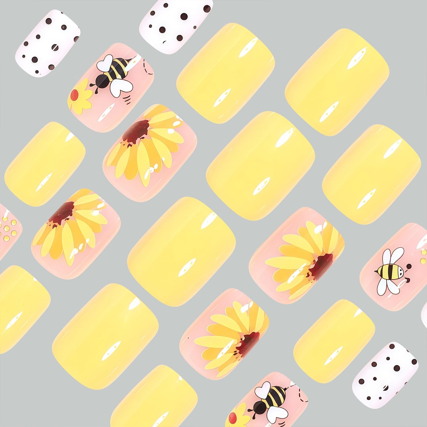 LWTZLW Summer Sunflower Press on Nails Medium Square False Nails Cute Bee Pol…