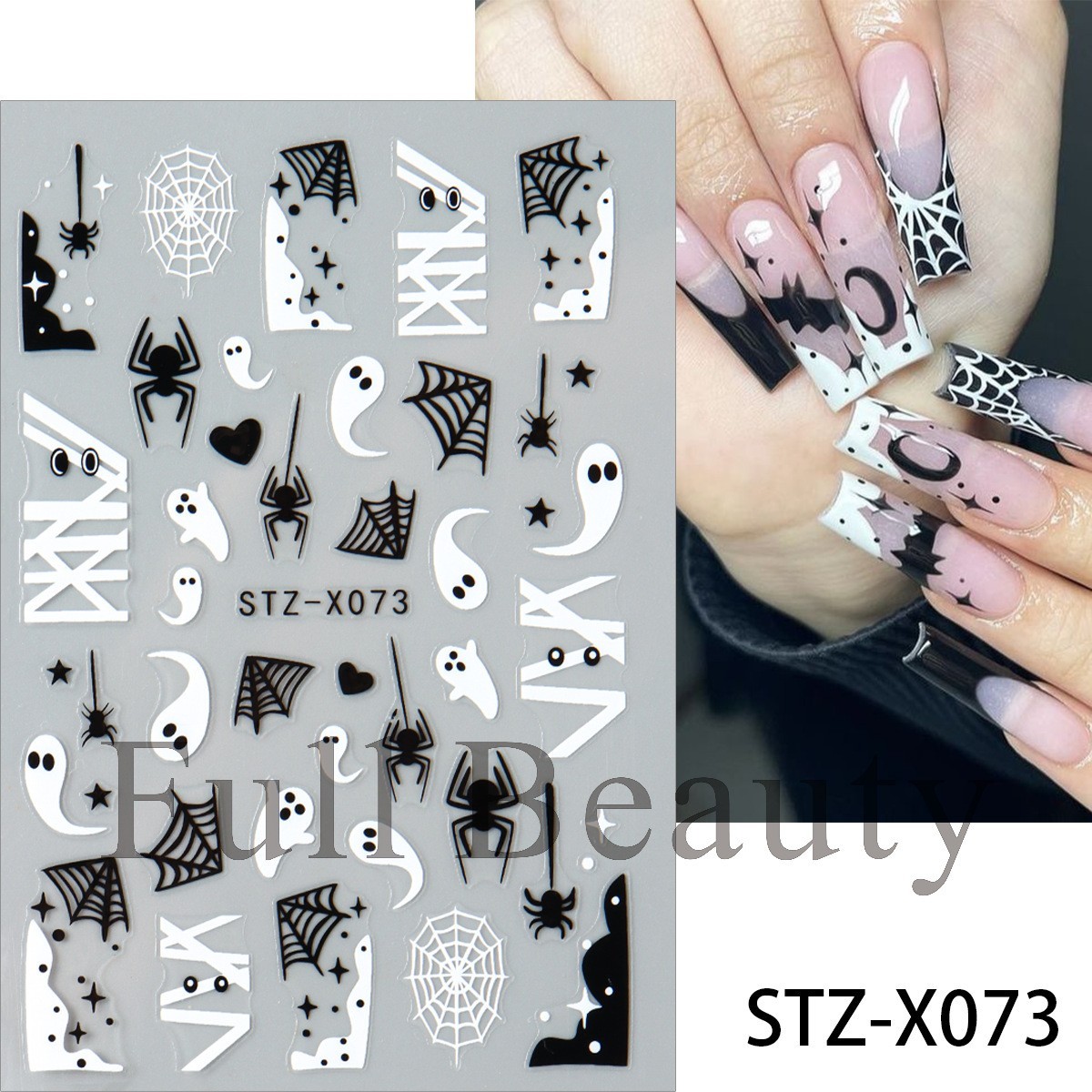 Halloween Nail Art Stickers Black White Spider Web Blood Star French Decals NH30