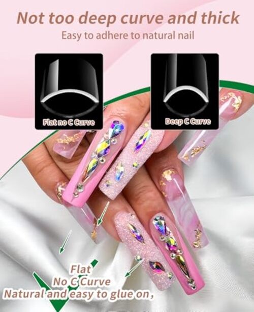 504PCS 3XL Square Nail Tips No C Curve, Extra Long Straight Square Half Cover