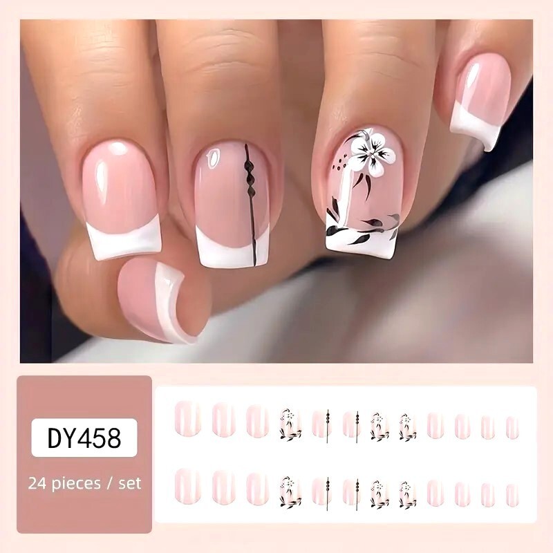 24 Fake Nails Y2K French Flower Press On Style Stipe Glam Manicure Sexy Vacation