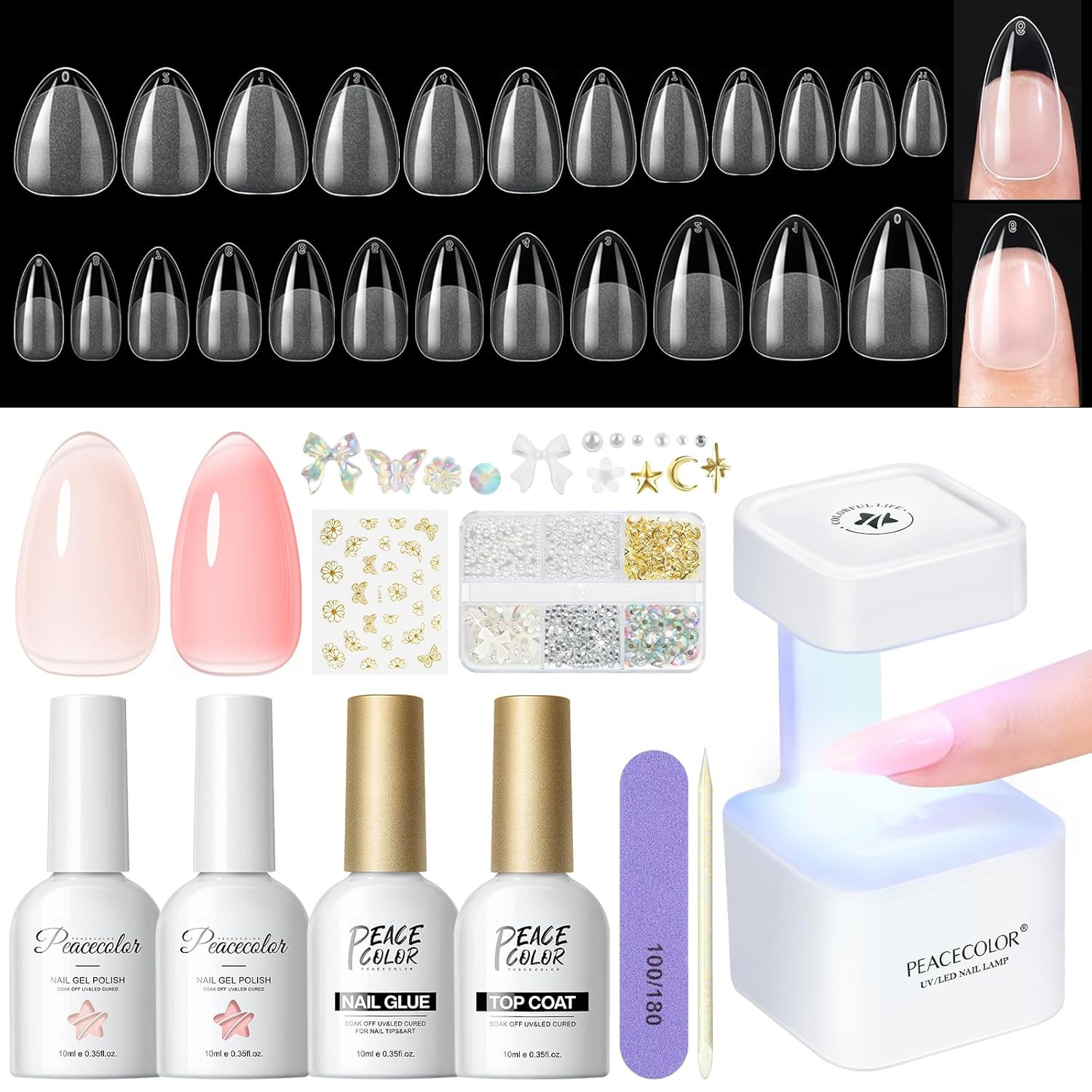 Gel Nail Kit, 240Pcs Short Medium Almond Nail Tips with U V Light 2PC Jelly Gel