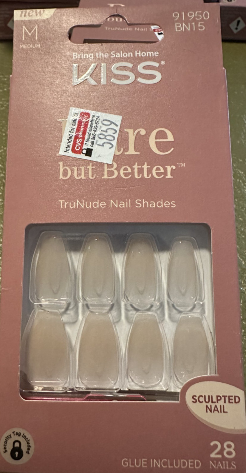 Kiss Nails Bare Glue or Press on Manicure Long Natural Almond Pink TruNude 50