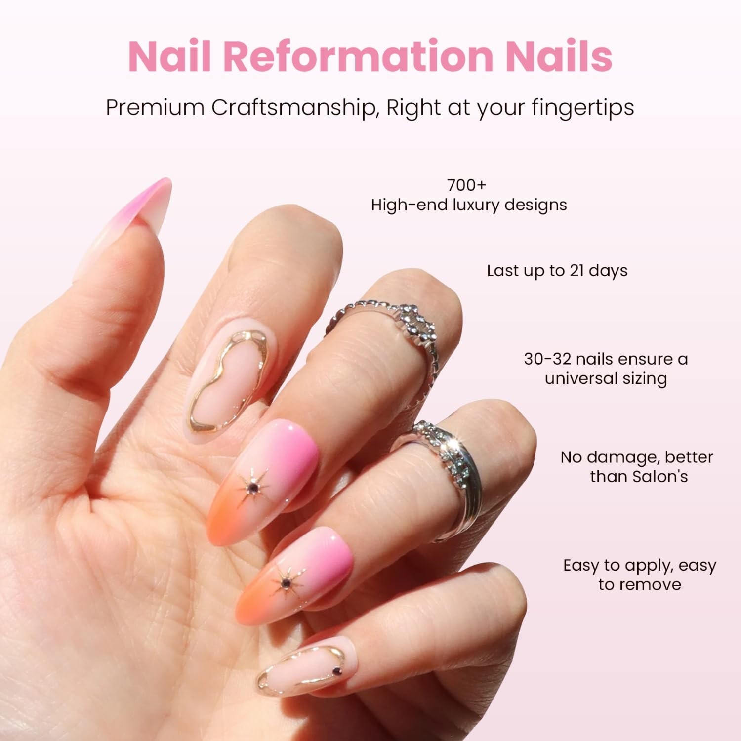 Nail Reformation Press On Nails, Pink Orange Swirl Medium Almond 30 Pcs