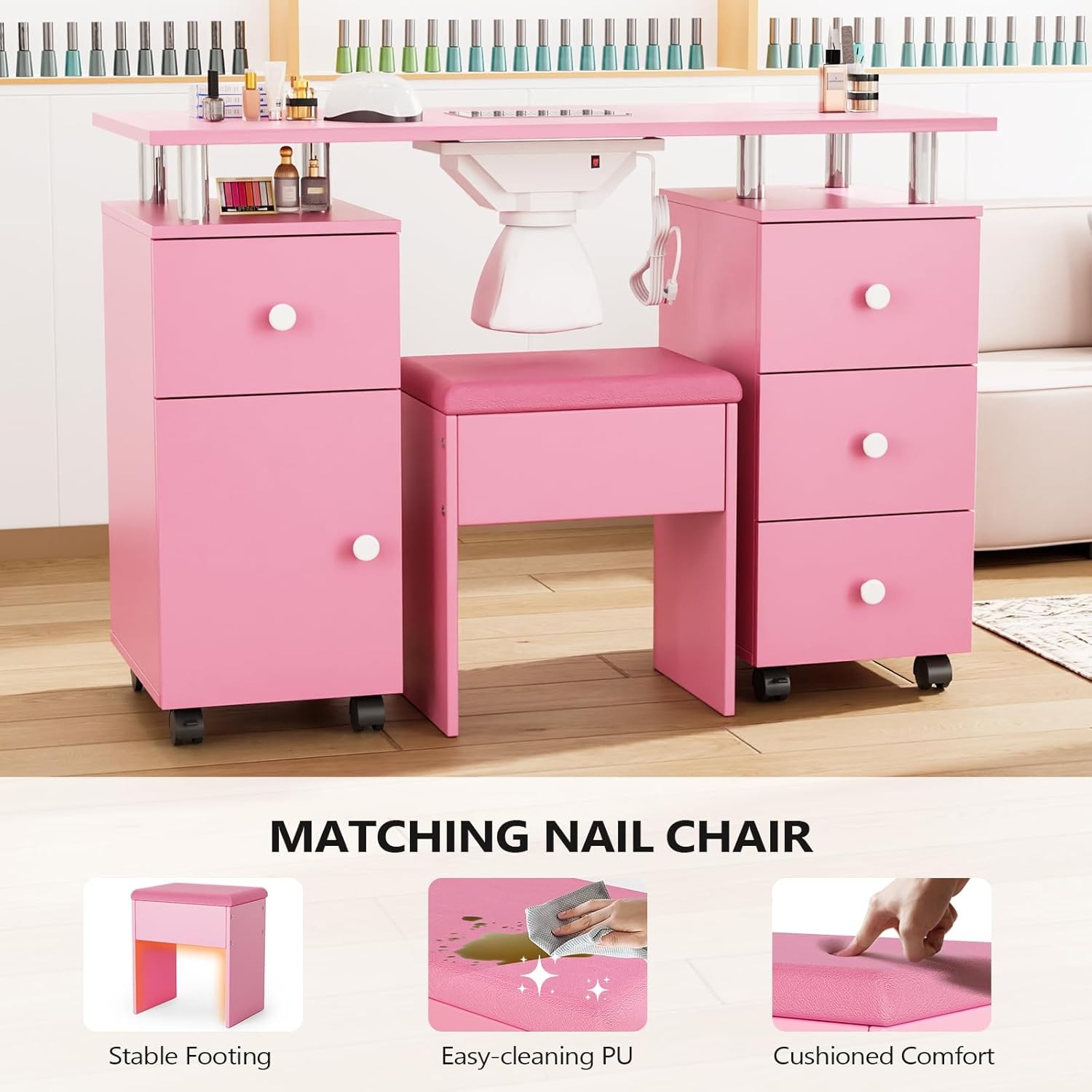 Nail Desk and Chair Set, Manicure Table with Stool, Dust Collector for Beauty