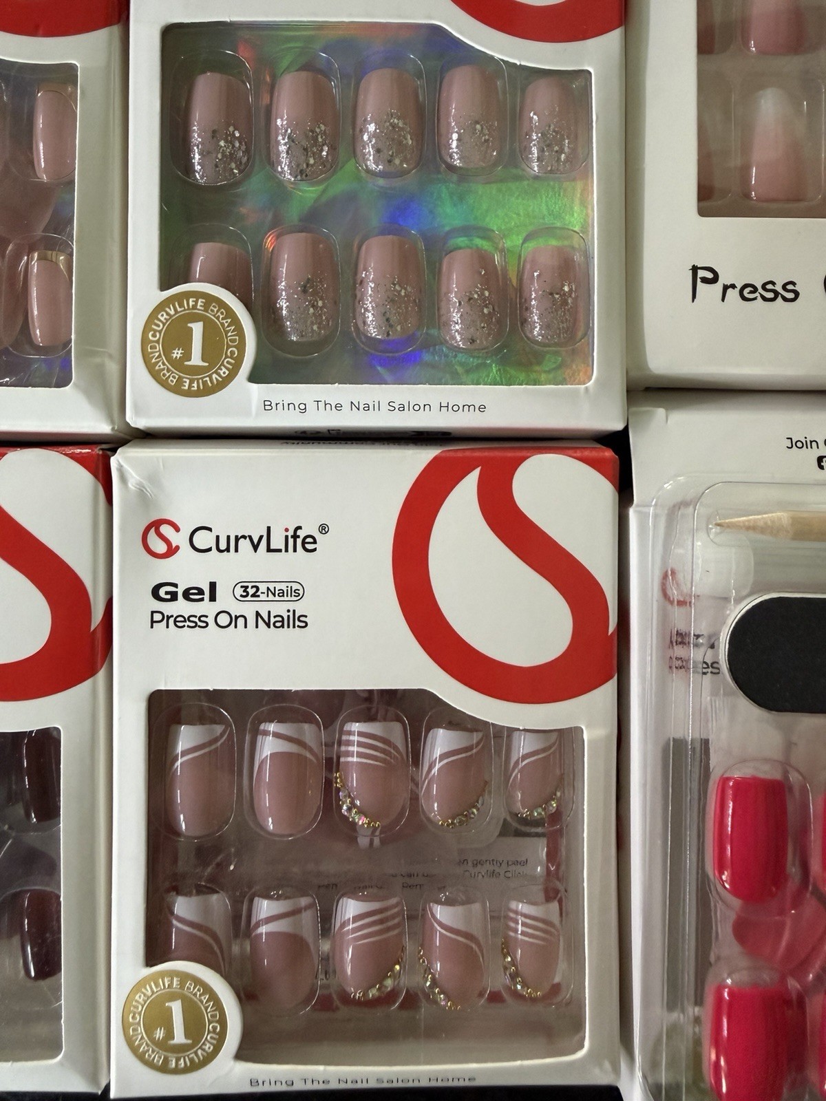 CurvLife Gel Press-On Nails 32pc Medium Square French Glitter Multicolor