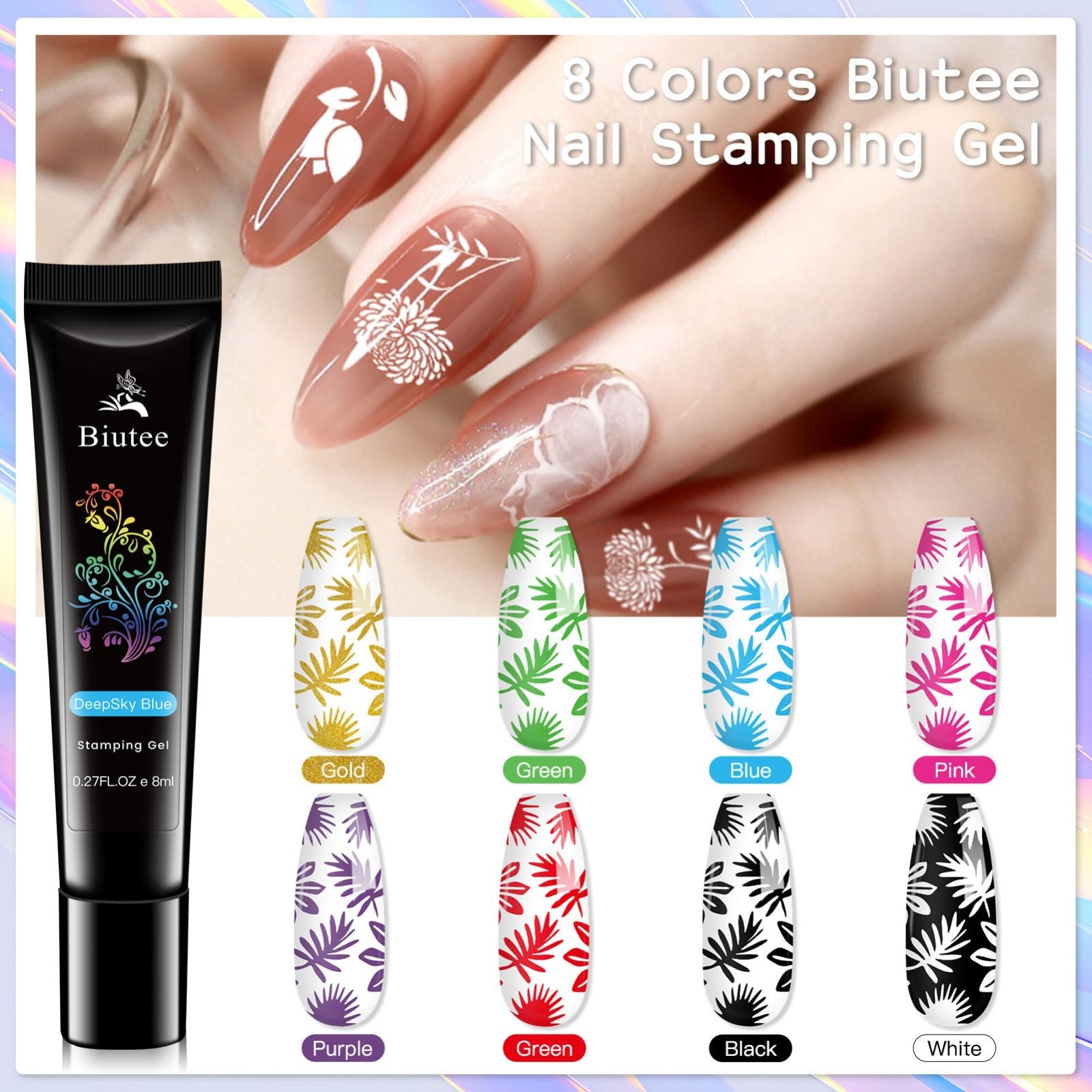 Nail Stamping Kit 12Pcs Plates & 8 Colors Polish Gel | Silicone Stamper & Scrape