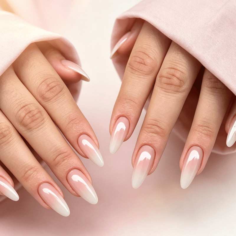 48Pcs-Long Almond Nude White Gradient French Simple Daily Press on Nails