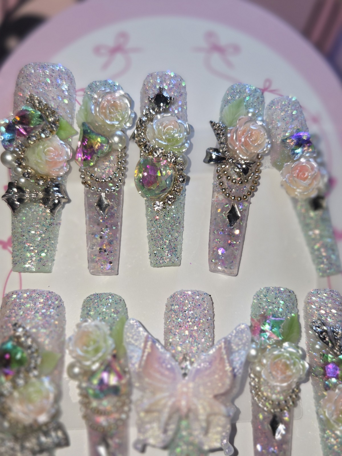 Press-On Nails Medium Xlong Coffin Pink Green, Water Aqua Nails, GLOW N DARK