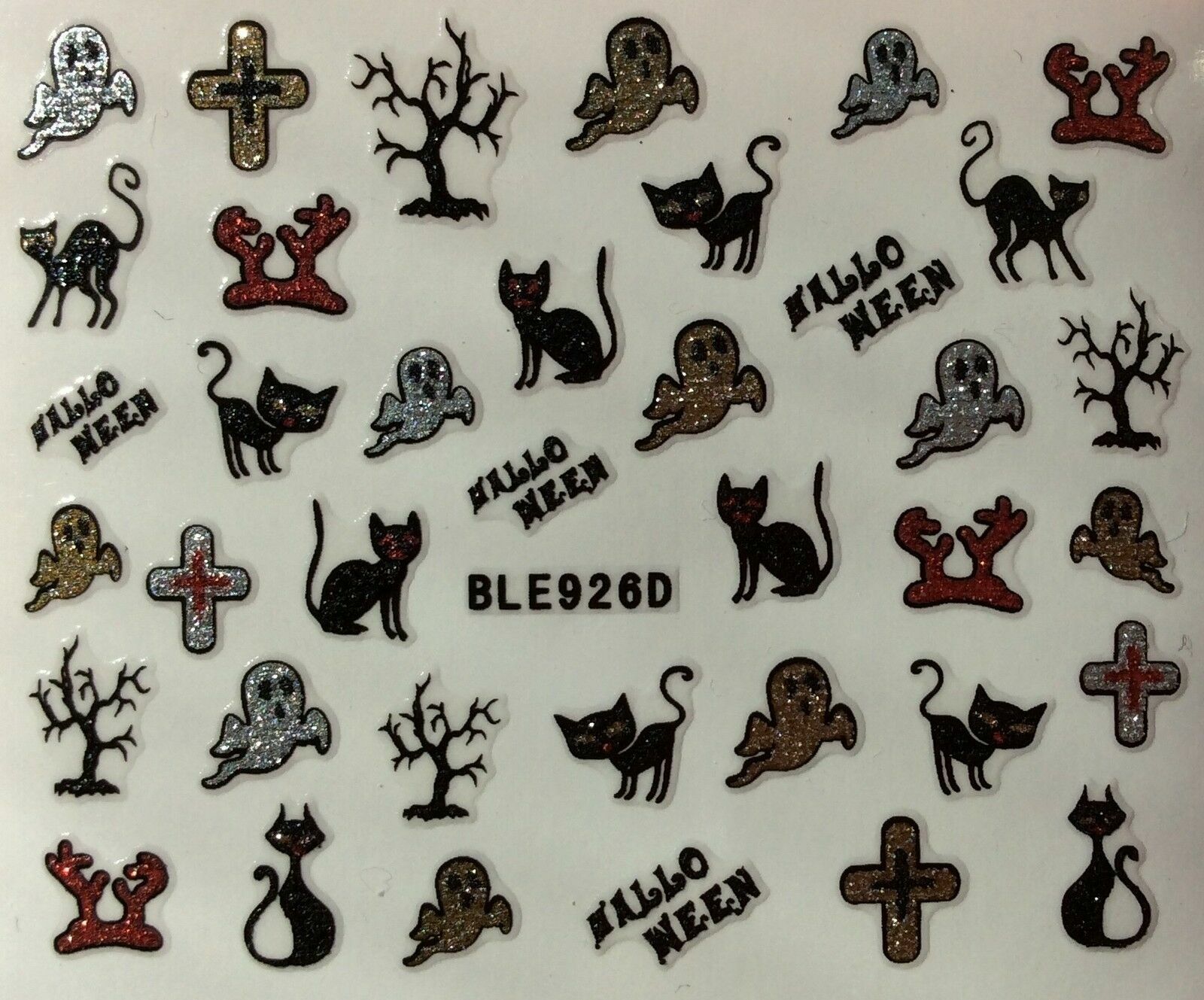 Nail Art 3D Glitter Decal Stickers Halloween Ghost Black Cat Tree Cross BLE926D