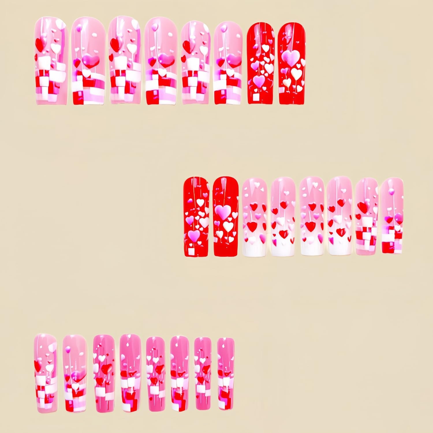 Valentines Press On Nails Long Coffin 3D Pink Red Heart Glossy Set