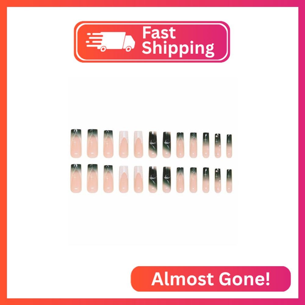 MERVF Long Square Press on Nails Dark Green French Tip Ombre Fake Nails Marble S