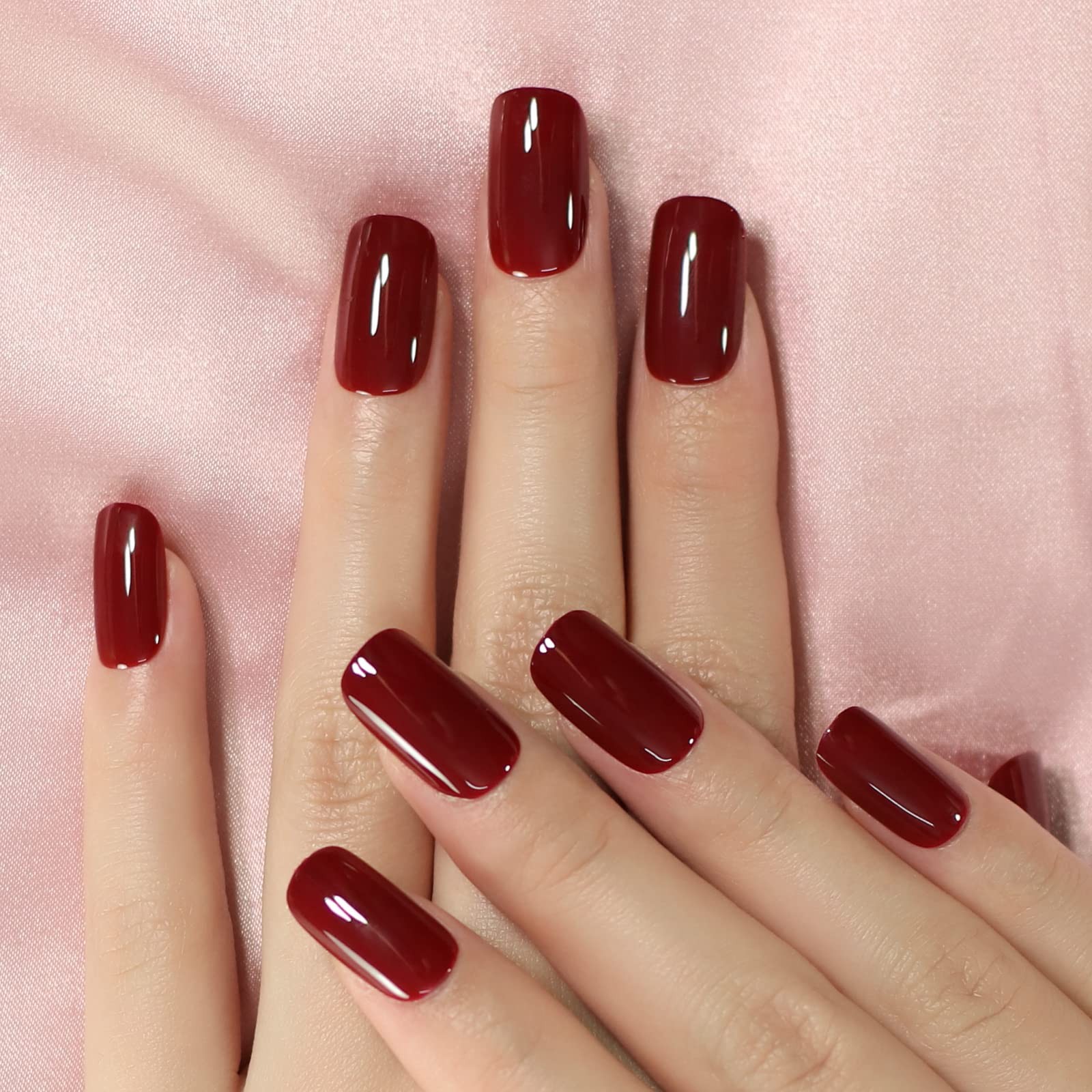 Glossy Dark Wine Red Press on Nails,Short Squoval False Nails,Beauty Solid Co…