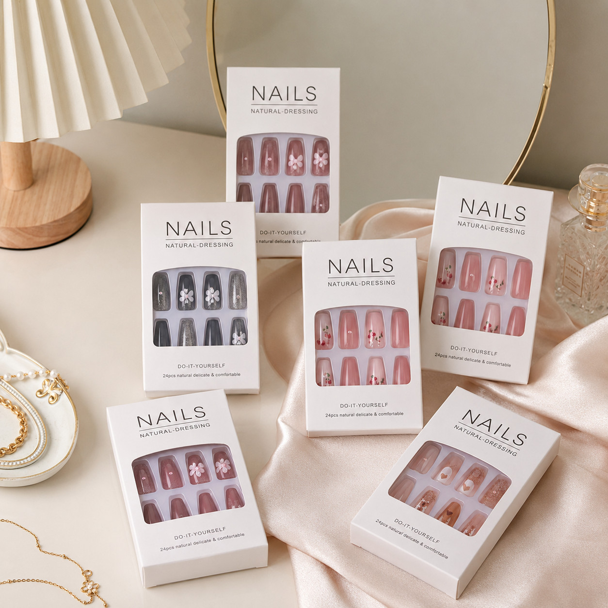 10 Boxes Pre Designed Floral Square Medium Press On Nails, Shiny Multicolor Nail