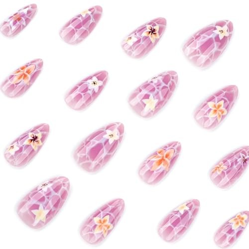 Press on Nails with Flower Design Medium Almond Fake Nails Marble Pattern