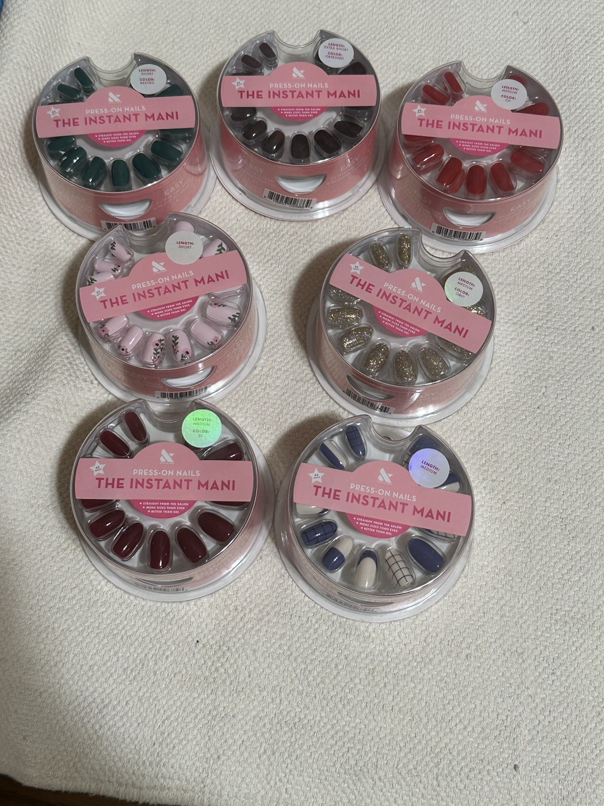Lot of 7-The Instant Mani Press-On Nails 2 -Short, 1-Extra Short, 4-Medium