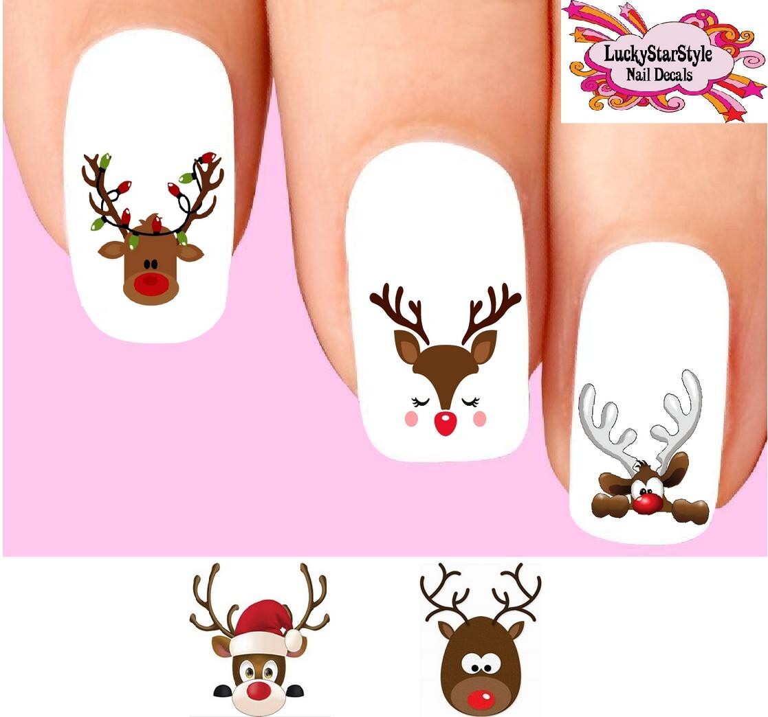Waterslide Nail Decals Set of 20 – Christmas Holiday Reindeer Faces Assorted