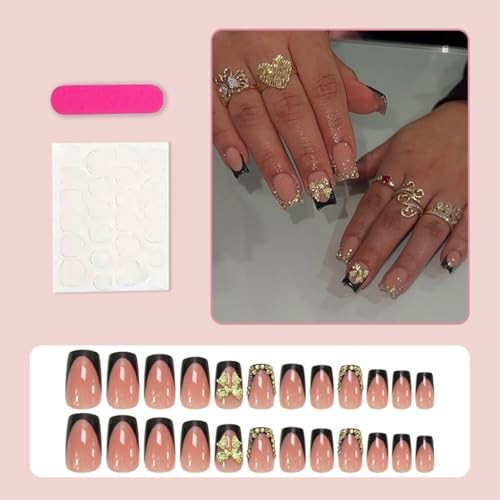 Bow Press on Nails Black French Tip Fake Nails Medium black french tip gold bow