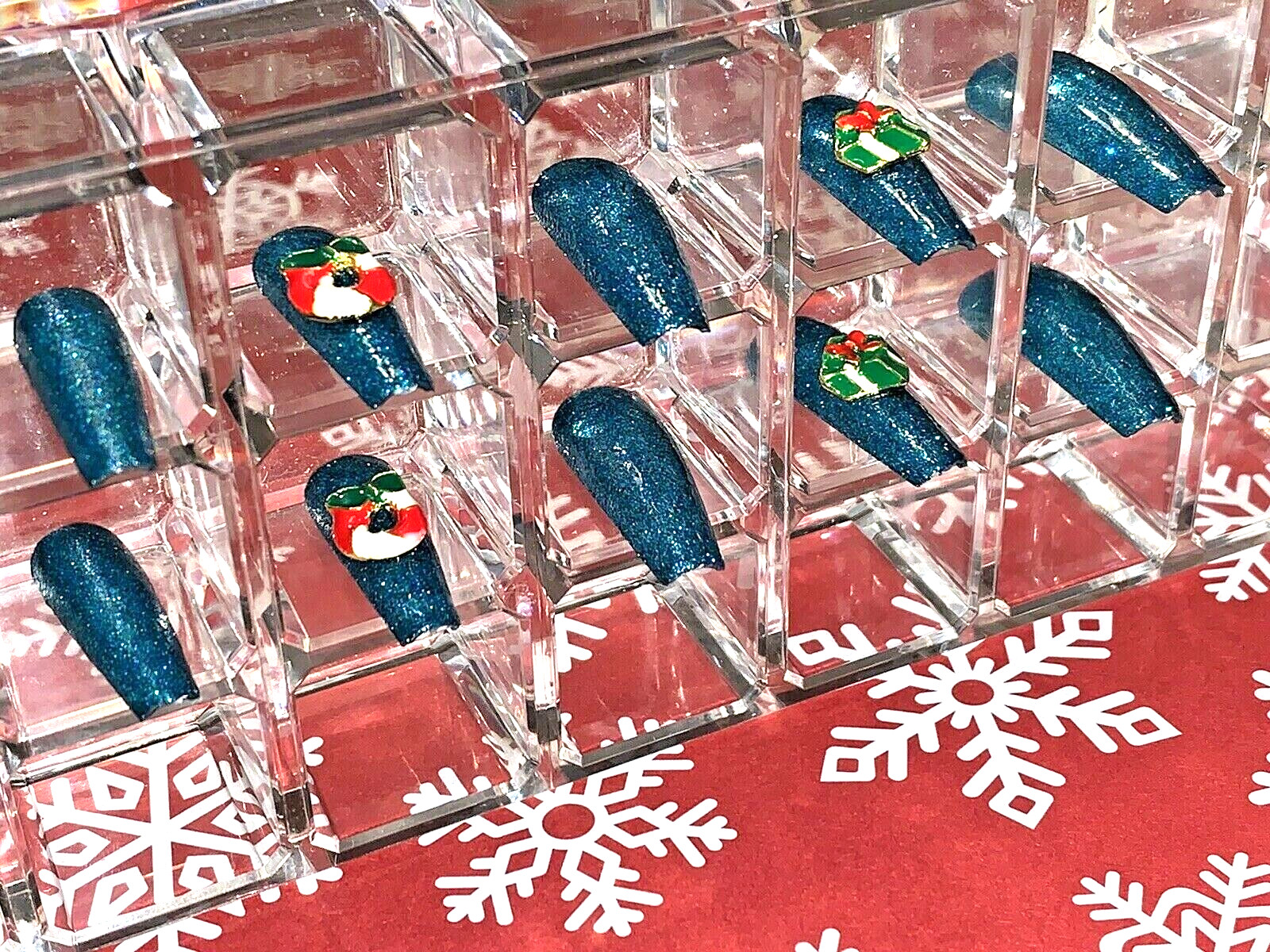 Custom Designed Long Coffin Press On Nail Set Christmas China Glaze Green Polish