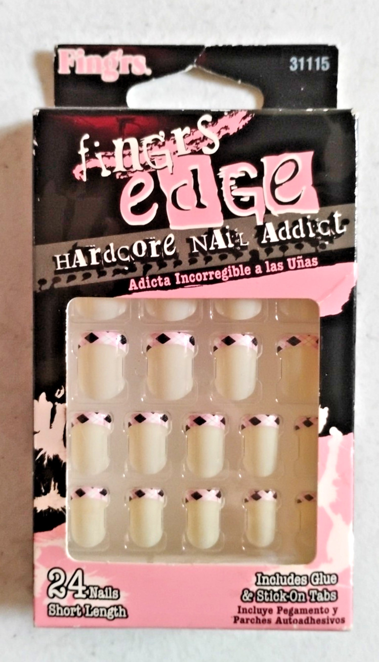 Finger’s Edge Hard Core Nail Addict – Plaid French Tip Press-On Nails – 24 Count