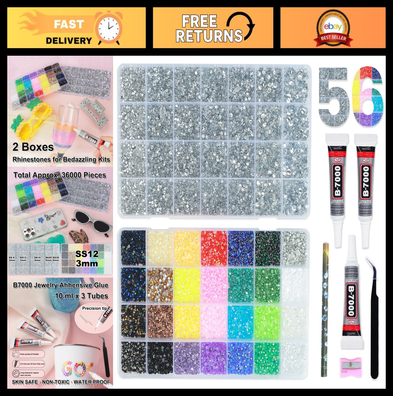 Rhinestones Bedazzling Kit – Silver Clear & Multicolor Flatback Gems + B7000 Glu