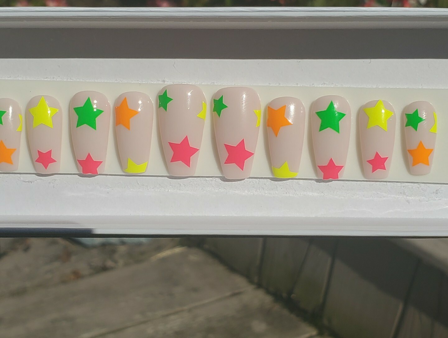 Nude & Neon star nails pink yellow orange green press on nails short coffin