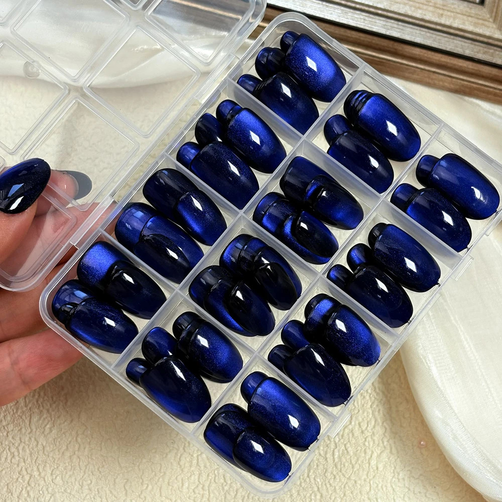 30 Pcs Sparkly Medium Oval Dark Blue Cat Eye Glossy Full Cover Artificial Press